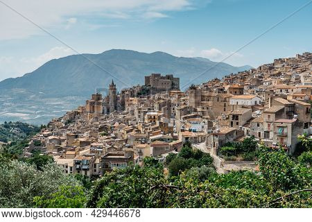 Caccamo, Sicily, Italy. View Of Popular Hilltop Medieval Town With Impressive Norman Castle And Surr