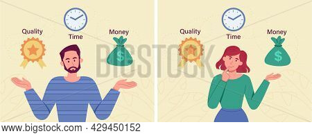 Male And Female Characters Are Contemplating Over Conflicting Interrelated Business Values Triangle.