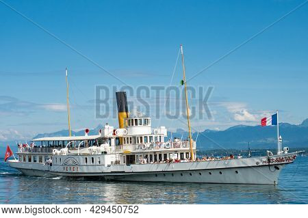 Nyon, Switzerland - July 10th 2021: A Paddle Steamer On Lac Leman