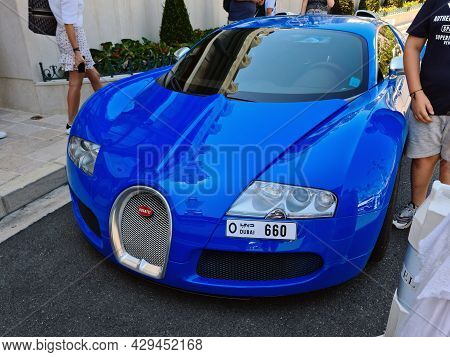 Monte-carlo, Monaco - August 1, 2021: Blue Bugatti Veyron 16.4 Luxury Supercar Parked In Front Of Th