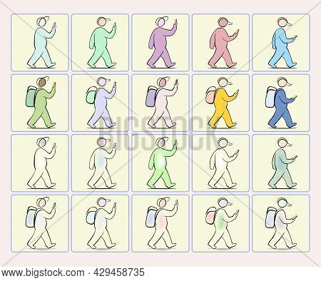 Fat Character With A Phone And A Backpack, Vector Illustration