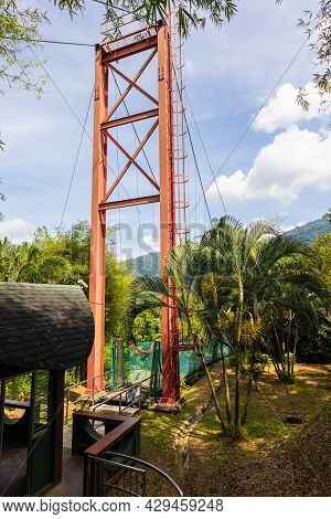 Suspension Bridge Over A Small Valley Near The Sak Dato Temple And Broga Hill. Tourist Attraction No