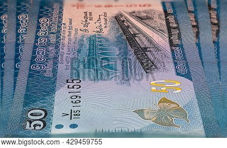 Macro Photography Of Sri Lanka 50 Rupees Money. Sri Lanka 50 Rupees. Close Up To The Sri Lanka Paper