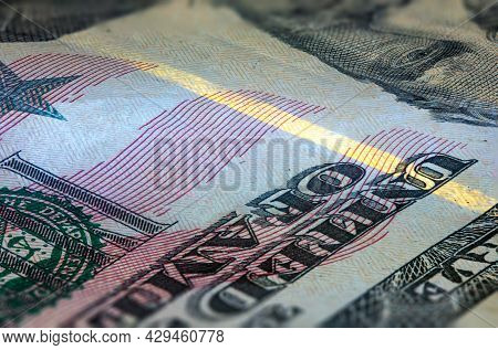 Macro Close Up Of 50 Us Dollar Banknote. Close Up Of Fifty American Dollar Note. Us Dollar Is The Wo