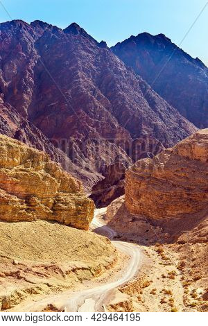 Warm winter on the Red Sea. Eilat mountains. Picturesque multi-colored landscape formations. . Eilat is major international year-round resort. Israel