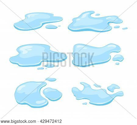 Water Spill, Puddles Set On A White Isolated Background. Blue Autumn Natural Liquid On The Ground. C