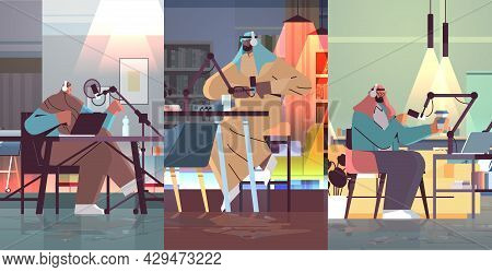 Set Arab Podcasters Talking To Microphones Recording Video Blog In Studio Podcasting Online Radio Br