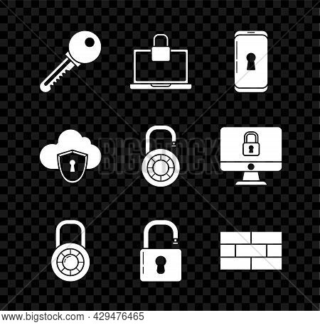 Set Key, Laptop And Lock, Smartphone With, Safe Combination Wheel, Open Padlock, Bricks, Cloud Shiel