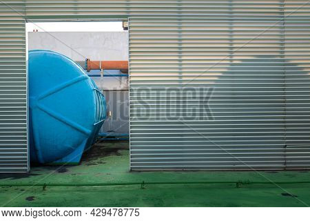 Water Tank Blue Color On Deck Of Building Reserve Water Storage
