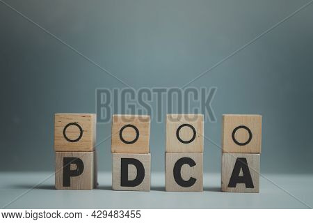 Pdca Printed Screen On Wooden Cube Block And Wooden Checkbox. The Concept Of Plan Do Chack Action
