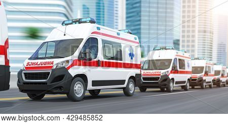 Ambulances in a row on the street of city skyscrapers, 3d illustration
