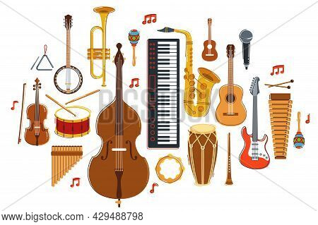 Music Orchestra Diverse Instruments Vector Flat Illustration Isolated On White Background, Live Soun