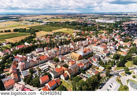 Aerial View Of Small European City With City Streets And Residential Buildings. Katy Wroclawskie Pan