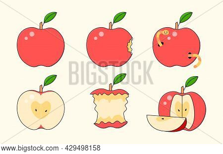 Set Of Red Ripe Apple Collections Whole And Bitten On White Background. Concept Of Different States 