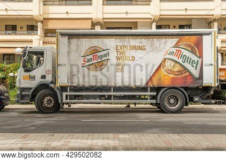 Palmanova, Spain; July 10 2021: San Miguel Beer Delivery Truck Parked In The Tourist Town Of Palmano