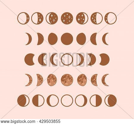 Phases Of Moon, Boho Moon Illustration. Vector Stock Clipart