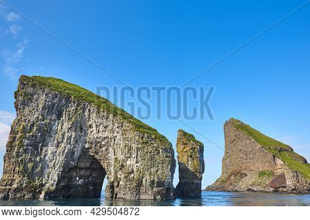 Faroe Islands Coastline Landscape In Vagar Island On Sunny Day