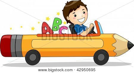 Ilustrace usmívající se Boy automobilu tvaru tužky s ABC na zadní sedadlo