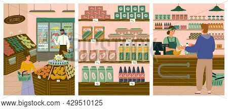 People Shopping In Grocery Store Or Supermarket Concept Vector Illustration Set. Shop With Organic F