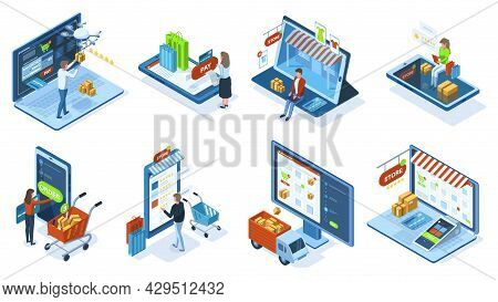 Isometric Mobile E-commerce Online Shopping Concept. People Make Purchases Use Mobile Apps And Payme