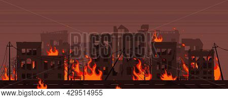 Destroyed City On Fire Vector Illustration Eps10. City In Fire