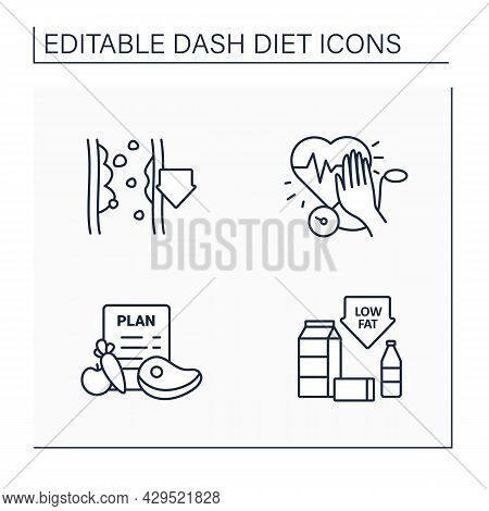 Dash Diet Line Icons Set. Stop Hypertension, Low-fat, Eating Plan, Reducing Cholesterol. Healthy Foo