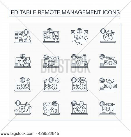 Remote Command Management Line Icons Set. Online Work. Video Chat. Virtual Office. Digitalization Co