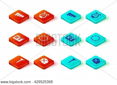 Set Drum And Drum Sticks, Music Synthesizer, Tambourine, Ancient Lyre And Pan Flute Icon. Vector