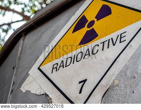 Radiation Warning Sign On The Dangerous Goods Transport Label Class 7 At The Side Transport Truck