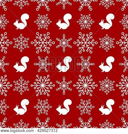 Seamless Chechered Winter Pattern With White Snowflakes And Squirrels. Vector Flat Christmas Ornamen