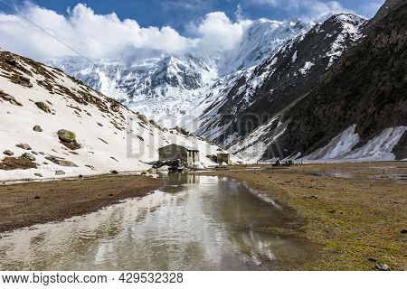 Stone Hut In Mountain Valley. Rakaposhi Base Camp. High Quality Photo