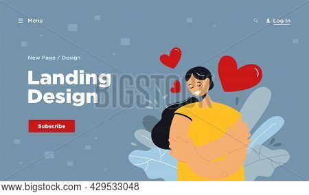 Happy Woman Self Hugging Flat Vector Illustration. Cartoon Positive Girl In Blue Shirt Holding Or Em