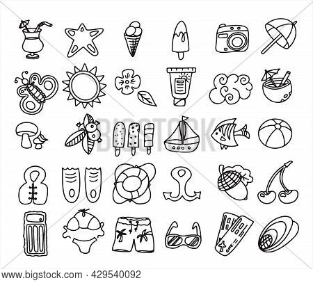 A Big Vector Doodle Summer Set. Accessories For Beach Holidays By The Sea. Flat Design Illustration 