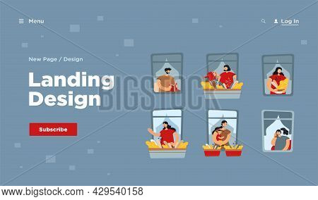 People Standing At Windows In Their Apartment, Watering Home Plants, Talking On Cell, Enjoying Leisu