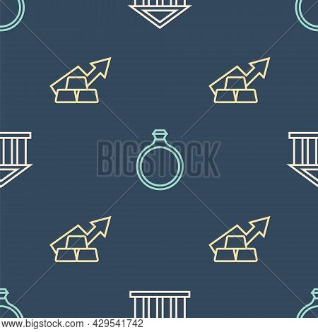 Set Line Bank Building, Growth Arrow With Gold Bars And Gold Ring On Seamless Pattern. Vector