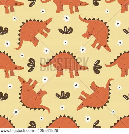 Seamless Pattern Stegosaurus Dinosaur. Large Herbivore, Extinct Ancient Lizard With Thorns On Back, 