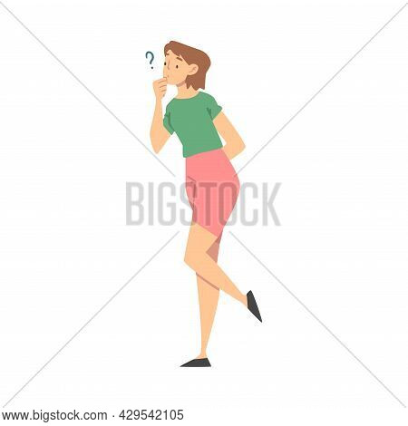 Thoughtful Woman Character And Question Mark Thinking Over The Matter Vector Illustration