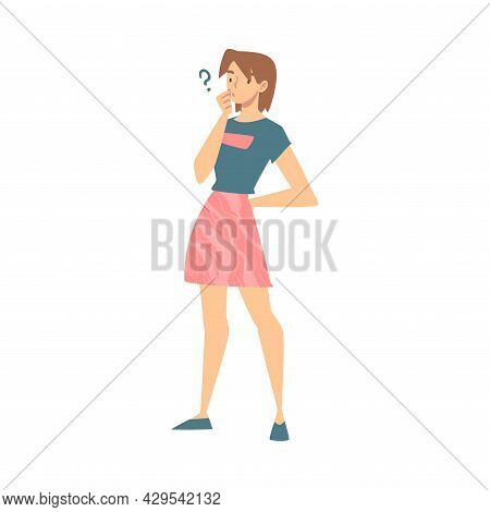 Thoughtful Woman Character And Question Mark Thinking Over The Matter Vector Illustration
