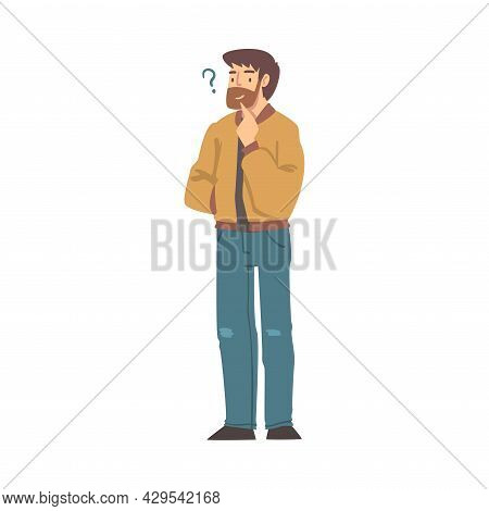 Thoughtful Bearded Man Character And Question Mark Thinking Over The Matter Vector Illustration