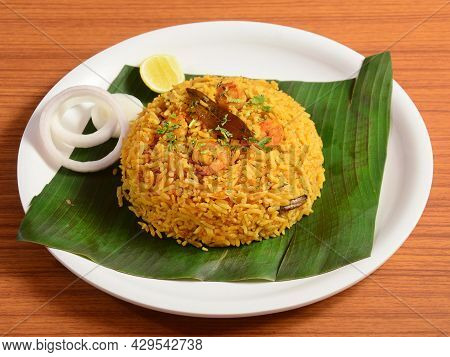Tasty And Delicious Prawns Biryani Served In A Banana Leaf, Selective Focus