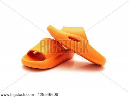 Cute Pair Of Orange Pillow Slide Sandals For Toddler Non-slip Foam Slippers Isolated On White