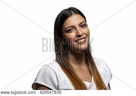 Young Beautiful And Exotic Hispanic Woman Smiling Happy And Relaxed Isolated On White Background