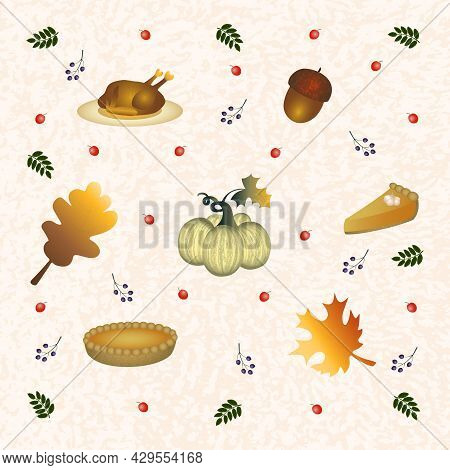 Flat Art Set With Thanksgiving Symbols: Pumpkin, Turkey, Pumpkin Pie And Fall Leaves. Autumn Season 