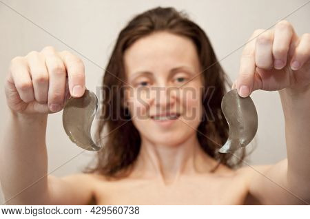 Eye Patch Closeup. Cosmetology. Woman Use Patch. Beauty Day In Spa. Selective Focus. Woman Applying 