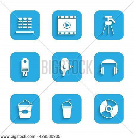 Set Retro Cinema Camera, Paper Glass With Straw, Cd Or Dvd Disk, Headphones, Popcorn Box, Usb Flash 