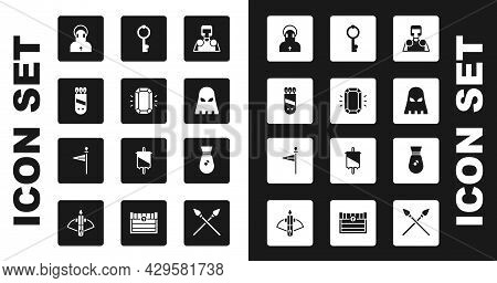 Set Medieval Knight, Diamond, Quiver With Arrows, Monk, Executioner Mask, Old Key, Money Bag And Fla