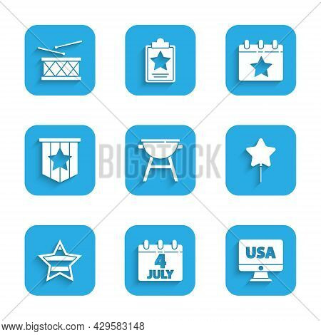 Set Barbecue Grill, Calendar With Date July 4, Usa On Monitor, Balloon, Independence Day, American F