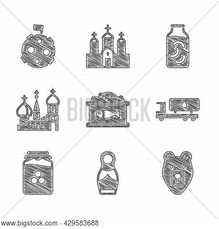 Set Tin Can With Caviar, Russian Doll Matryoshka, Bear Head, Tanker Truck, Jar Of Honey, Saint Basil