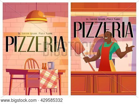 Pizzeria Posters With Cozy Cafe Interior And Chef At Counter. Vector Flyers Of Restaurant Or Canteen