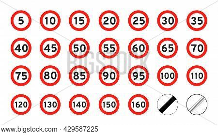 Speed Limit 5-160 Round Road Traffic Icon Sign Flat Style Design Vector Illustration Set Isolated On